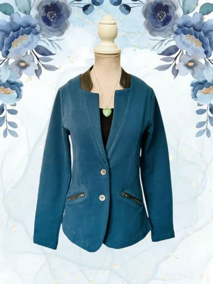 🦚Veste blazer en coton vintage 2000 34/36 Captain Tortue Y2K Petrol blue Fitted Jacket🦚