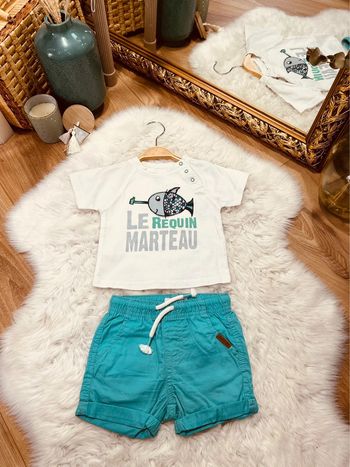 Taille 9 mois ensemble 2 pièces garçon TAO Gemo Blanc et turquoise * poisson * 💙