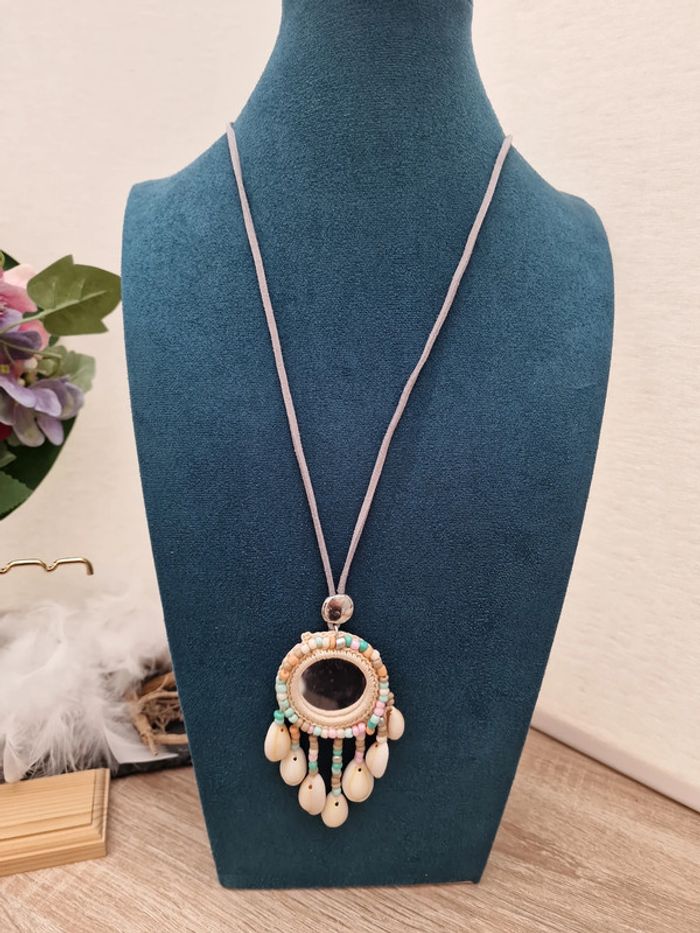 Collier Sautoir Miroir Boheme Macramé Attrape Reves Coquillages Perles - photo numéro 2
