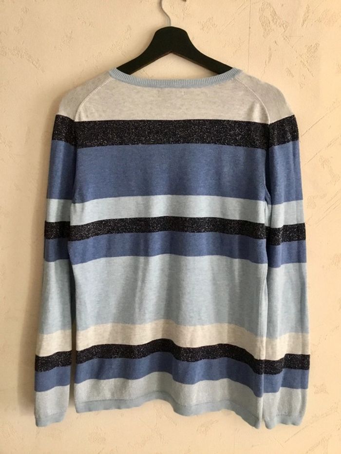 Pull pour femme Tommy Hilfiger bleu tricolore col en V taille L 055 - photo numéro 2