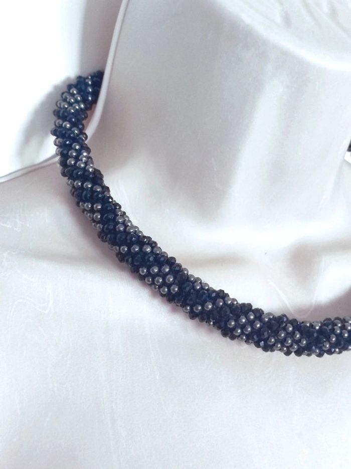 Collier ras de cou perle tissé noir argent vintage - photo numéro 4