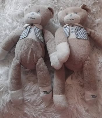 Lot de 2  doudous peluche ours - chiné et bleu raye- Musti