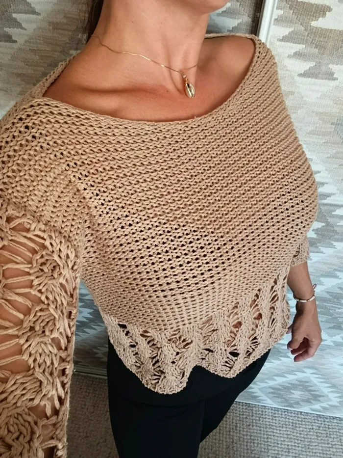 Pull beige naturel La mode est à vous T1 col rond large grandes mailles