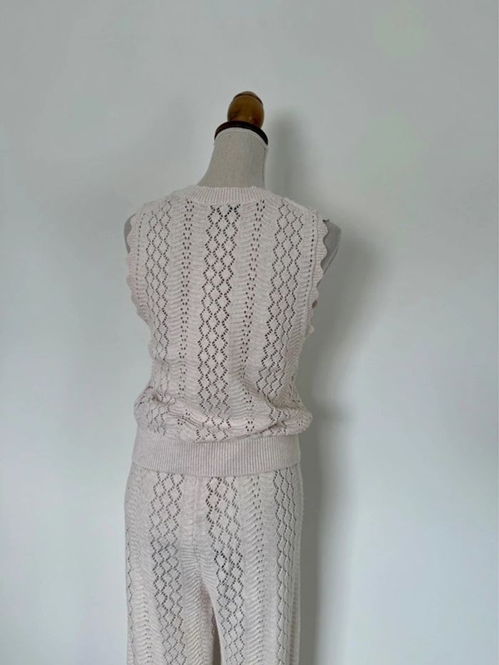 Ensemble maille tricot beige broderie pantalon top sans manches beige crème été - photo numéro 6