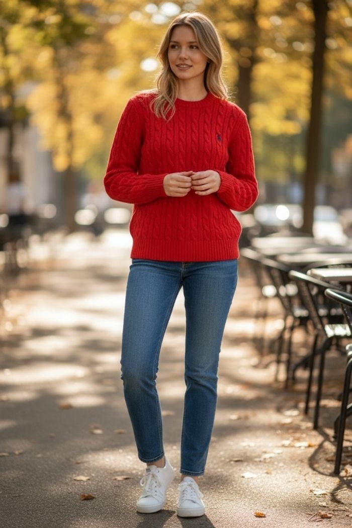 Pull torsadé col rond Polo Ralph Lauren rouge taille S logo brodé jaune - photo numéro 9