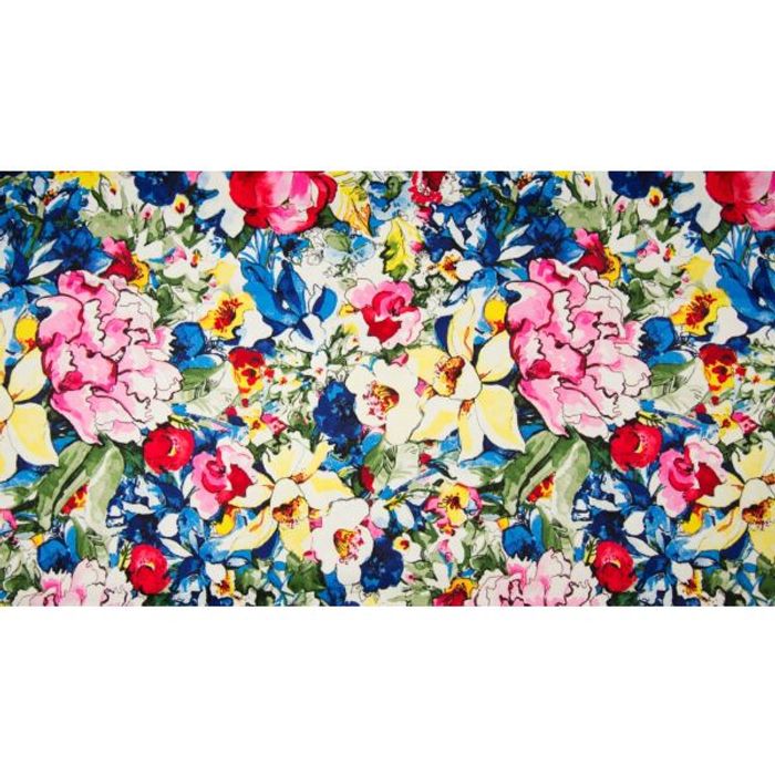 Tissu satin coton imprimé fleurs luxuriantes jaune, bleu et rose – Mondial Tissus 5 m x 1.45 m - photo numéro 2