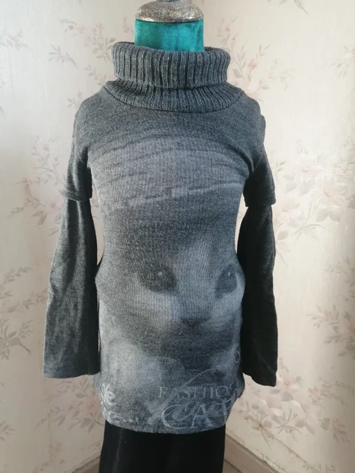 Pull tunique gris avec col montant et imprimé tête de chat / fpc / (8ans) - photo numéro 3