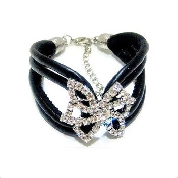 Bracelet Simili Cuir, Métal Argenté & Strass