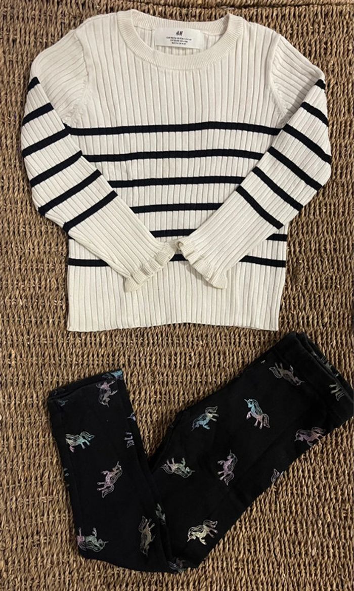 Pull marinière + legging chaud licorne H&M