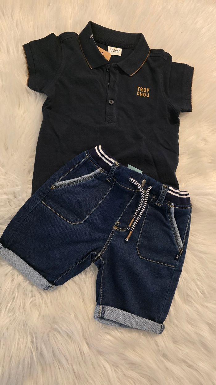 Neufs (non portés) 🏷💙🥰superbe  ensemble polo mc et short en jeans 36mois garçon 🥰💙