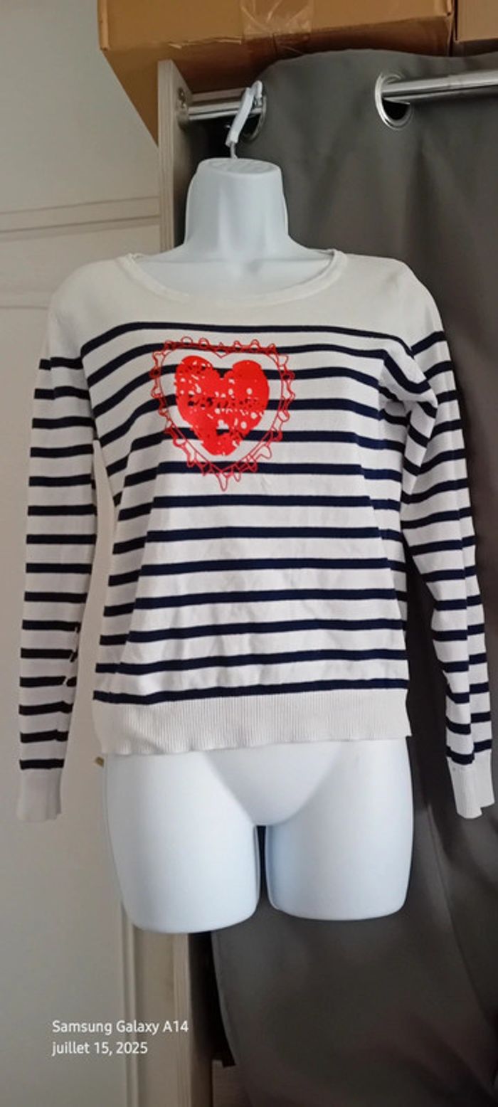 Pull marinière motif cœur marine et blanc femme 38/40 influx - photo numéro 2