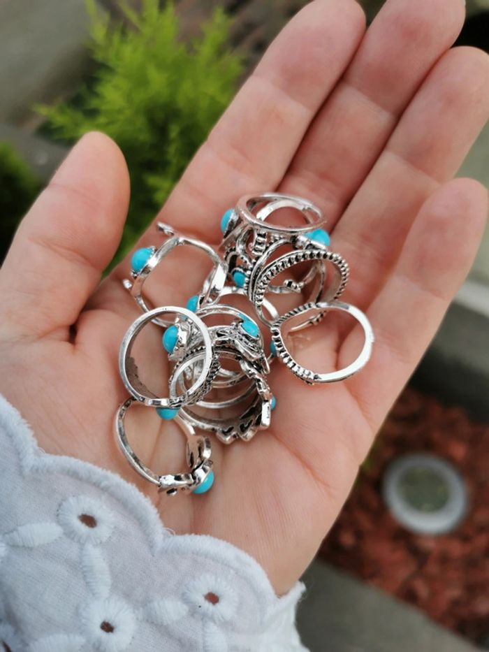 A34 lot de 11 bagues bohème vintage turquoise argenté diverses taille.neuves - photo numéro 2