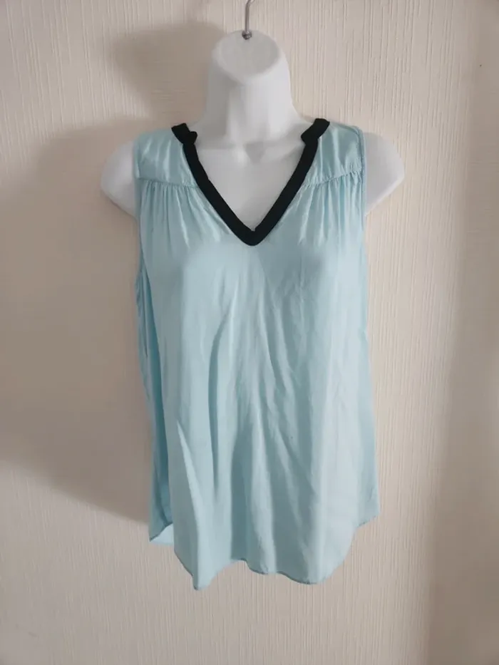 Blouse fluide Naf Naf 34 bleu turquoise col V noir