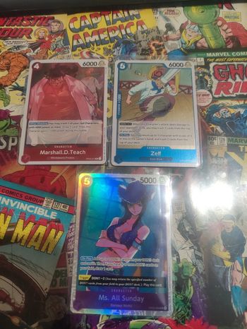 Lot 3 cartes One Piece Zeff, Mrs all Sunday et Marshall D. Teach