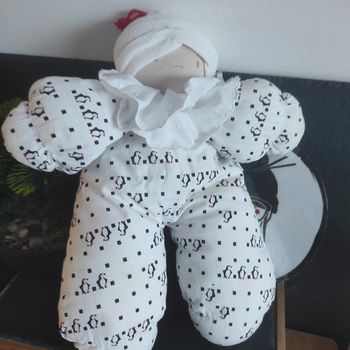 Ancien Vintage doudou Lutin blanc petit bateau Collerette tissu pingouin Peluche