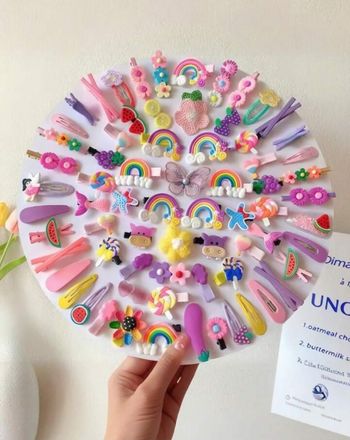 Lot 12 pinces/barrettes cheveux mignonnes 🌸 Couleurs vives & motifs arc-en-ciel/fleurs