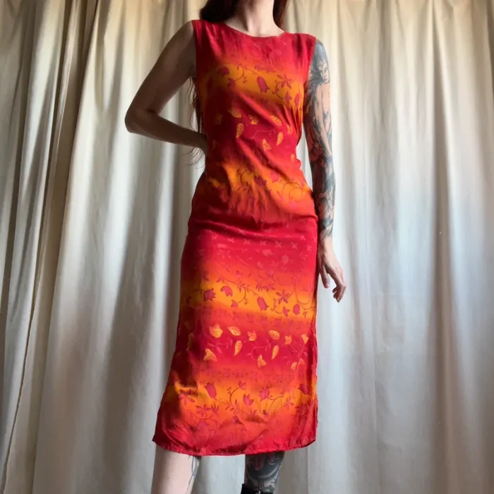 Robe mi longue fleurs effet tie dye y2k vintage annees 2000 - Taille S - photo numéro 2