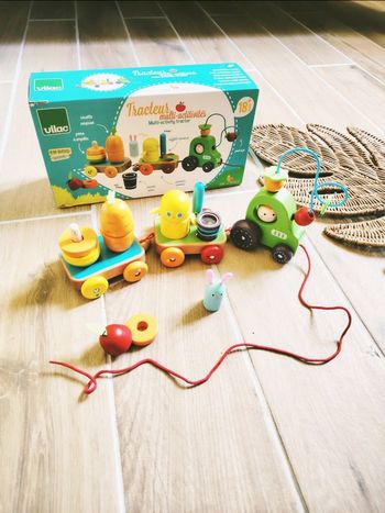 🚜Jeu d'éveil - Tracteur/train en bois sensoriel multi activités  - marque Vilac