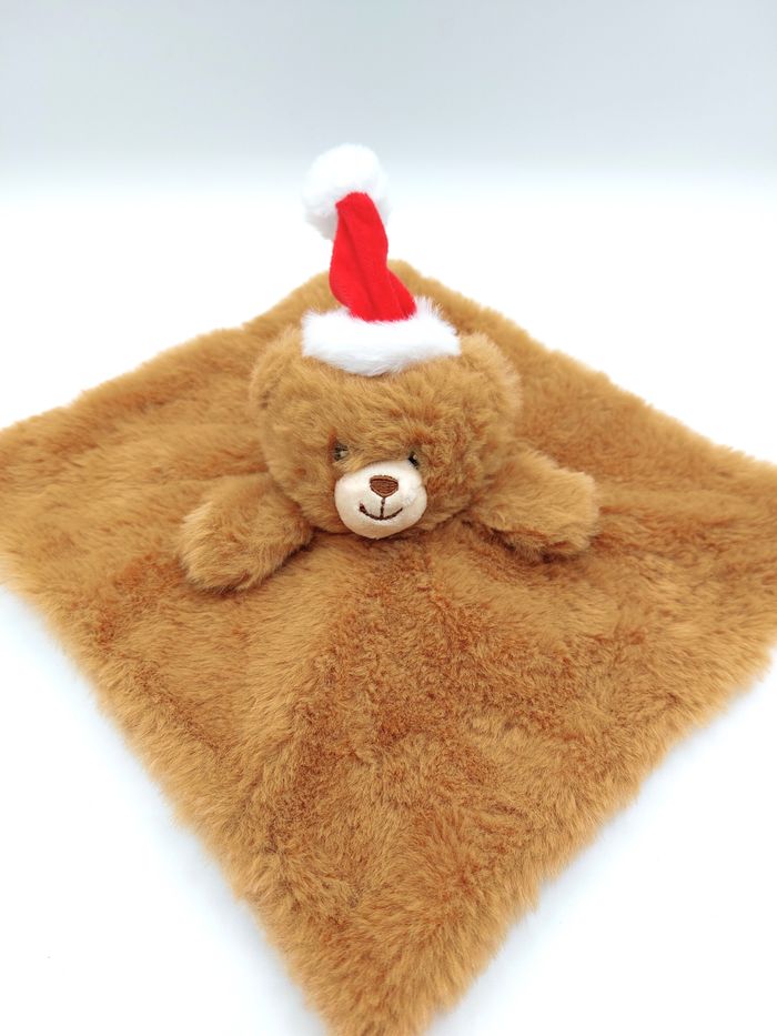 TEX Baby Doudou plat ours fourrure marron beige bonnet de Noël Carrefour comme neuf étiquette coupée - photo numéro 5