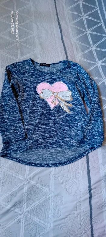 Pull fin motif cœur et noeud en sequins bleu fille 12 ans BB.Land