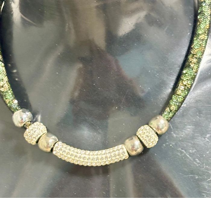 Collier rigide serpent vert & strass brillants - photo numéro 2