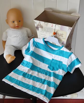 T-shirt garçon 3 ans rayé turquoise & blanc – poche poitrine