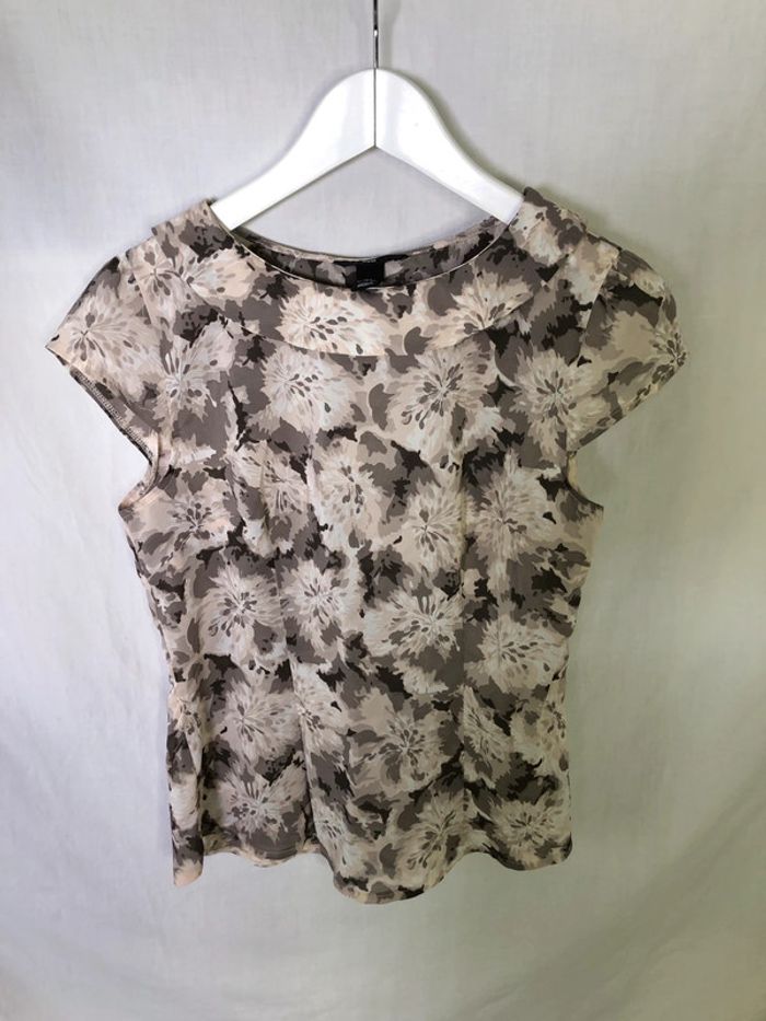 Blouse col rond motifs fleurs taupe et marron H&M manches courtes taille 38 comme neuve - photo numéro 9