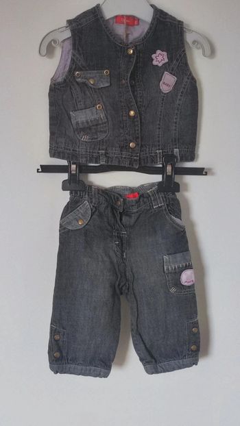Ensemble Pantalon Gilet sans manche jean gris violet fleur baby