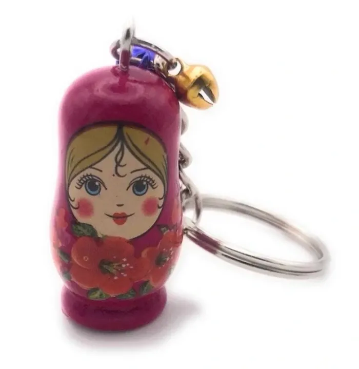Porte-clés Poupées Russes Matryoshka en Bois - Couleur Framboise + Motifs Fleurs