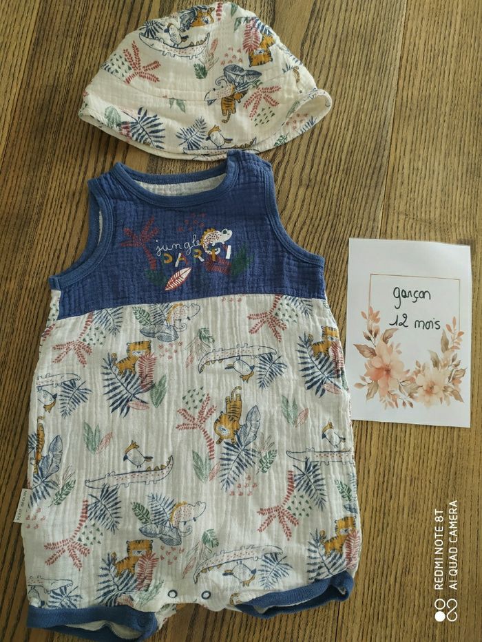 Ensemble  barboteuse et chapeau petit beguin 12mois