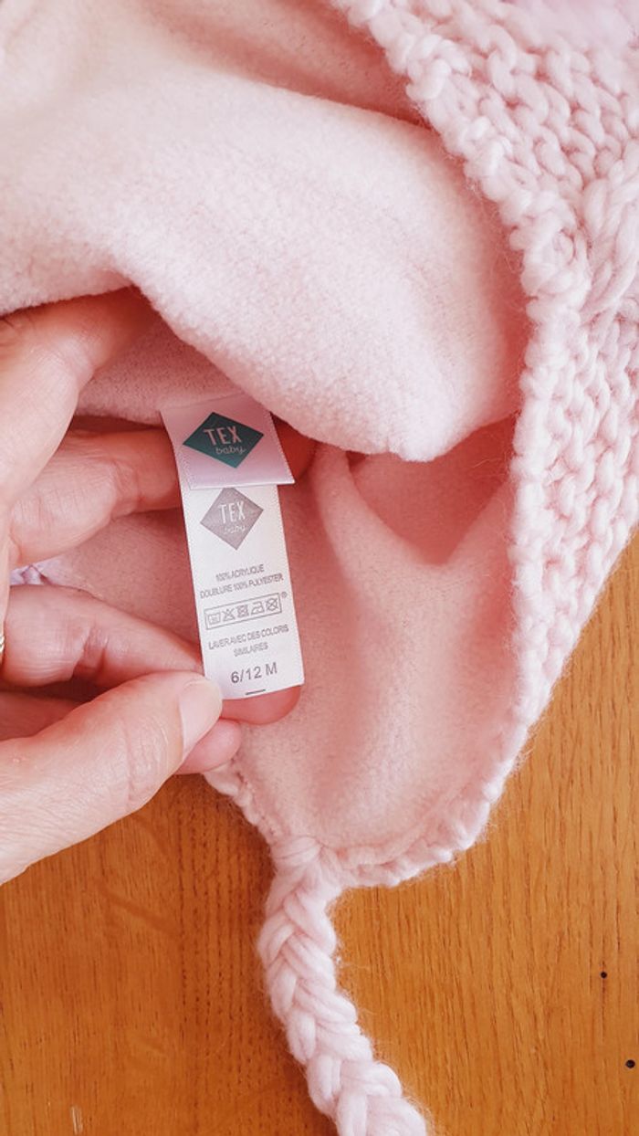 Bonnet rose doublé en polaire avec pompons et cache-oreille, 6-12 mois - photo numéro 5