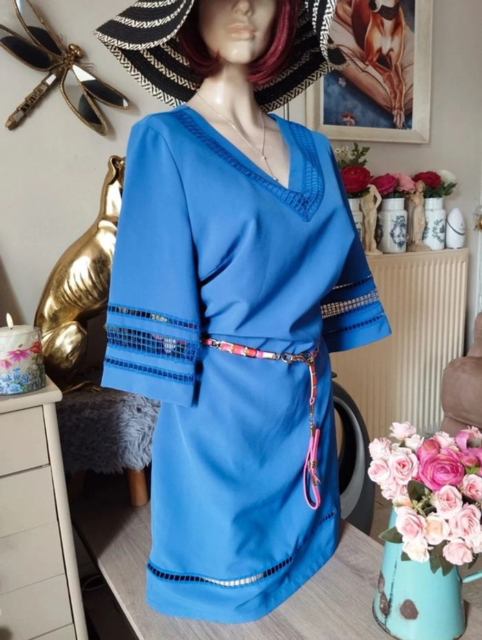 🌿Robe Bleue 3/4 Ajourée Création L,Taille 38/40🌿