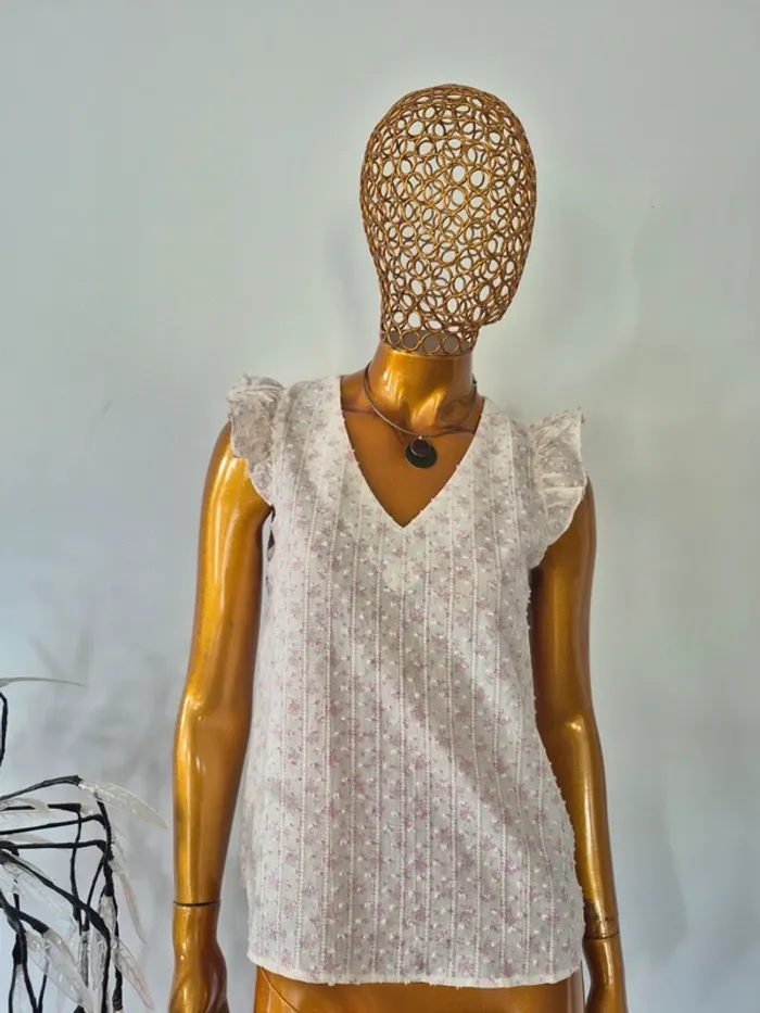 Blouse Manches Courtes Crème et Rose Femme Taille L/40