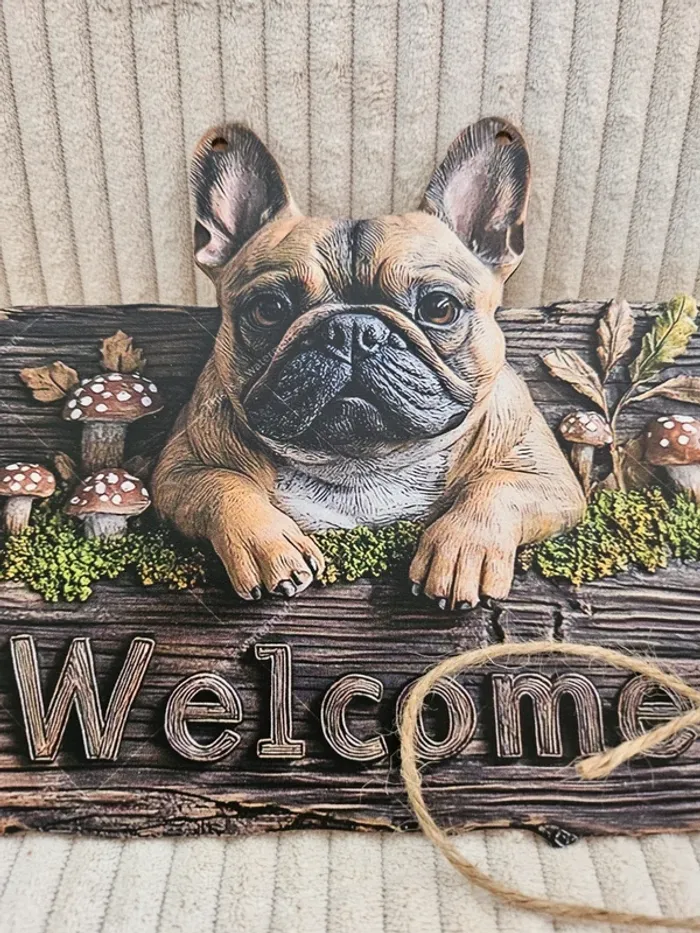 Plaque Welcome en bois avec joli Bouledogue français neuve - photo numéro 2