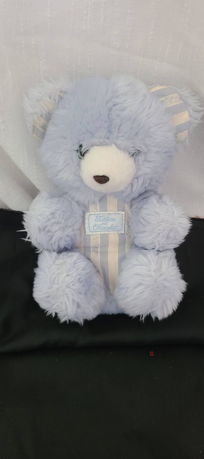 Doudou Peluche Ours Bleu Blanc Tartine Et Chocolat 18cm Vintage Bruit Hochet
