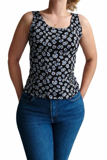 Débardeur fleuri vintage fait main noir / blanc et bleu T38 H*