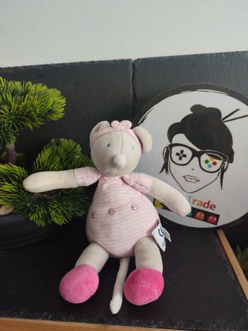 Doudou souris moulin roty Lila et Patachon peluche grelot rayé crème Blanc Noeud