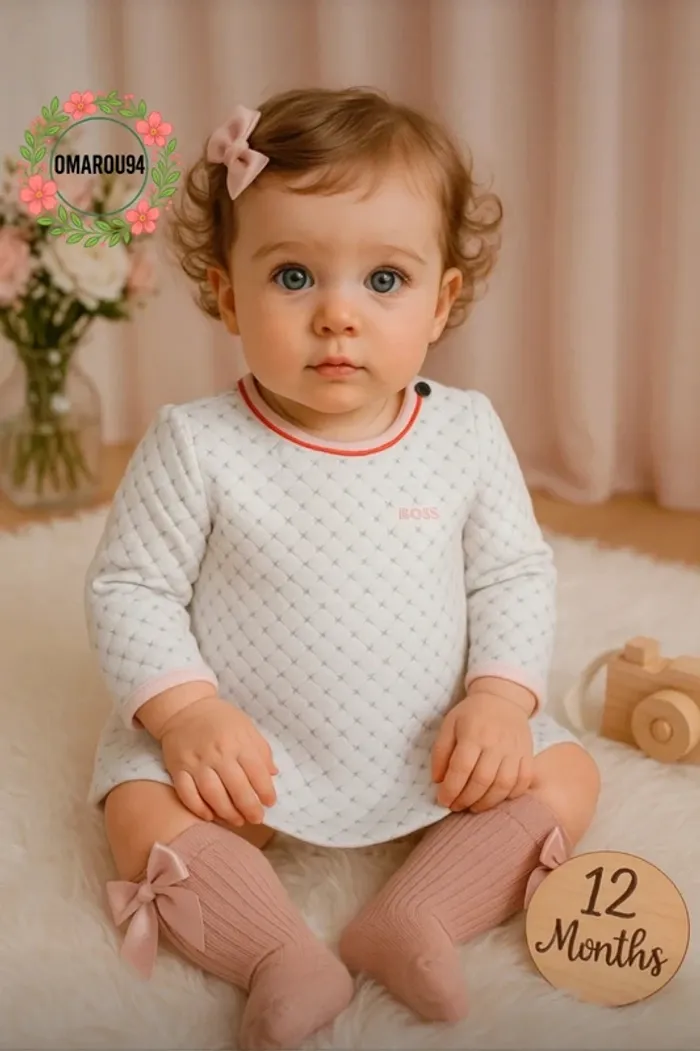 Robe molleton boss+chaussettes hautes rose et barrettes cheveux fille 12 mois 🎀