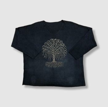 Pull noir XL – Manches 3/4 – Motif arbre strass – Coupe fluide