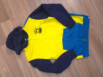 Sweat zippé Benetton enfant 13 14 ans 158 cm jaune bleu à capuche