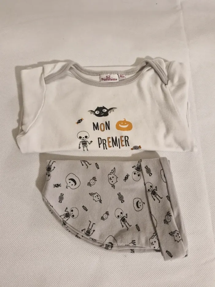 Pommette - 24 mois - Body manches longues + bonnet assorti "Mon premier Halloween"