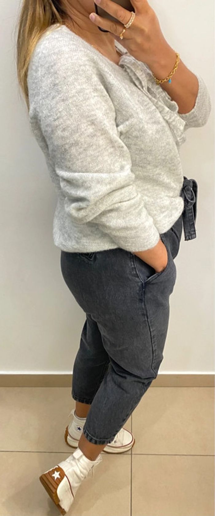 Superbe Pull Gris Col V À Nouer Taille M - photo numéro 8
