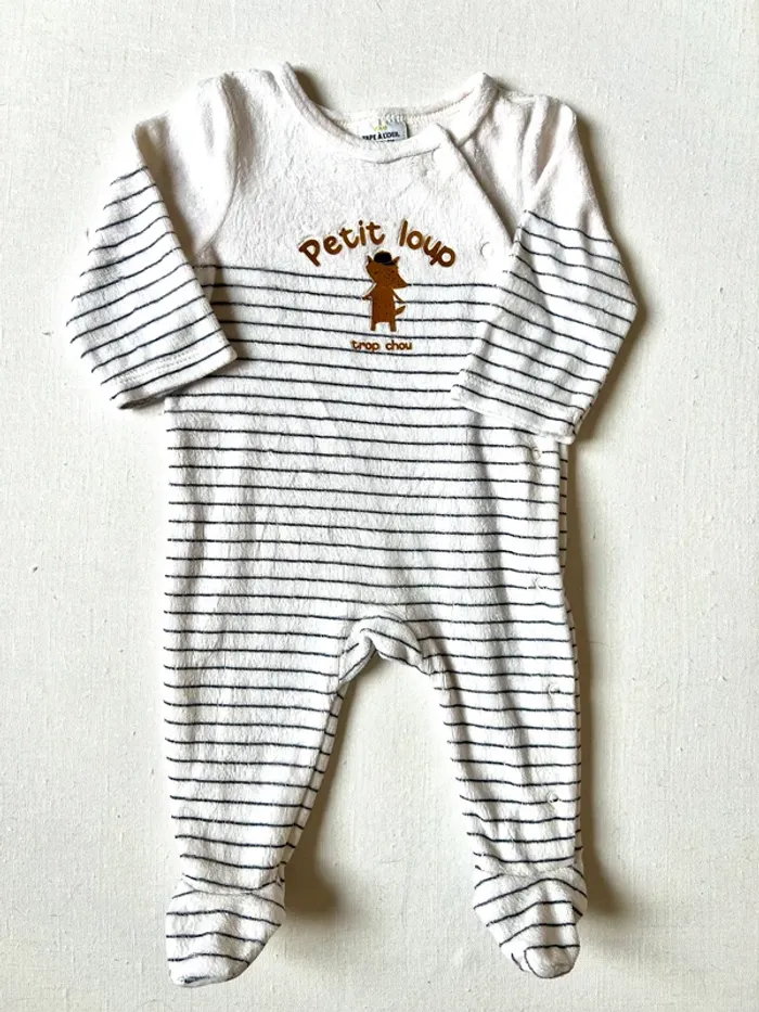 Pyjama Tape à l’Œil 3 mois 59 cm – blanc rayé – motif Petit loup – très bon état