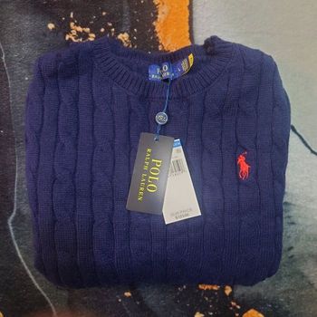Pull torsadé col rond Polo Ralph Lauren bleu logo brodé rouge taille L