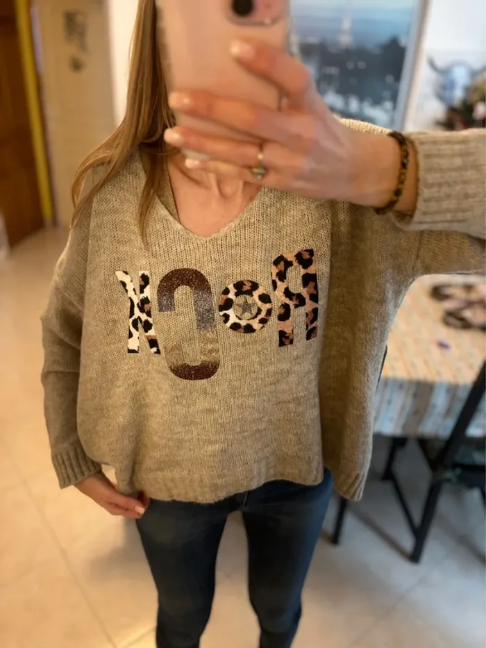 Pull marron-beige avec inscription Rock léopard -Taille unique - photo numéro 4