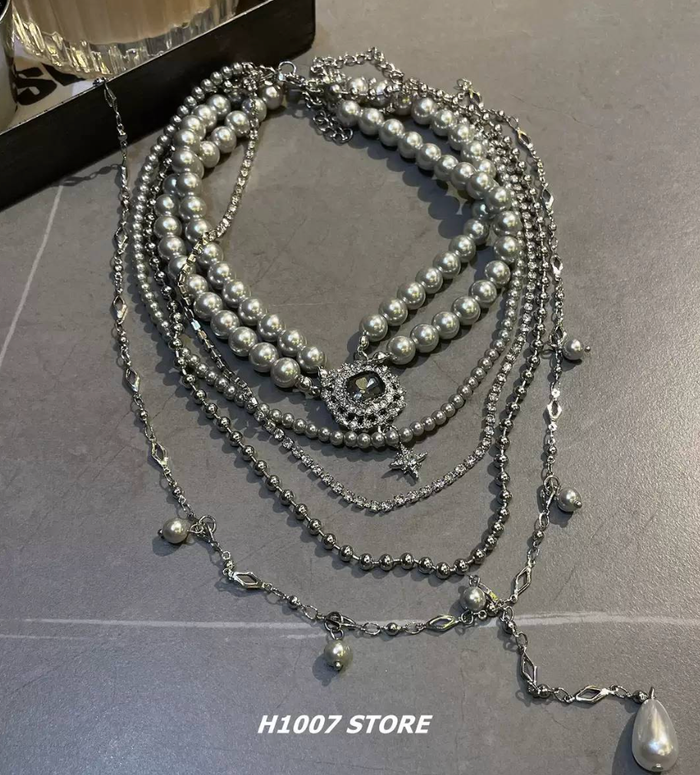 Layered Pearl Necklace Silver Grey Elegant - photo numéro 3