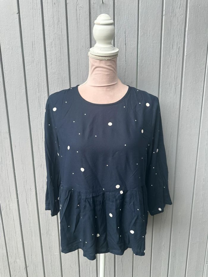 Blouse manches 3/4 bleu marine à pois blancs été légère ICHI 38/M