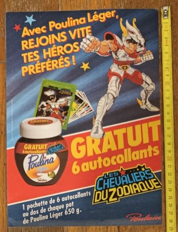 Rare ancienne publicité plastifiée Les chevaliers du zodiaque Poulain 1990 vintage