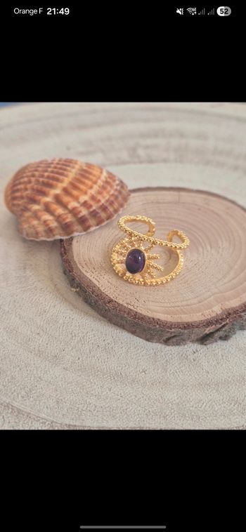 Bague soleil en laiton et cuivre dorée avec améthyste