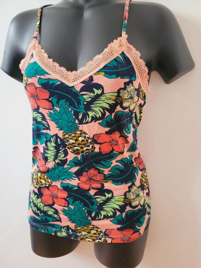 Haut Top tee shirt débardeur motifs fleurs floraux multicolore vert rose taille XS 34 coquette - photo numéro 3